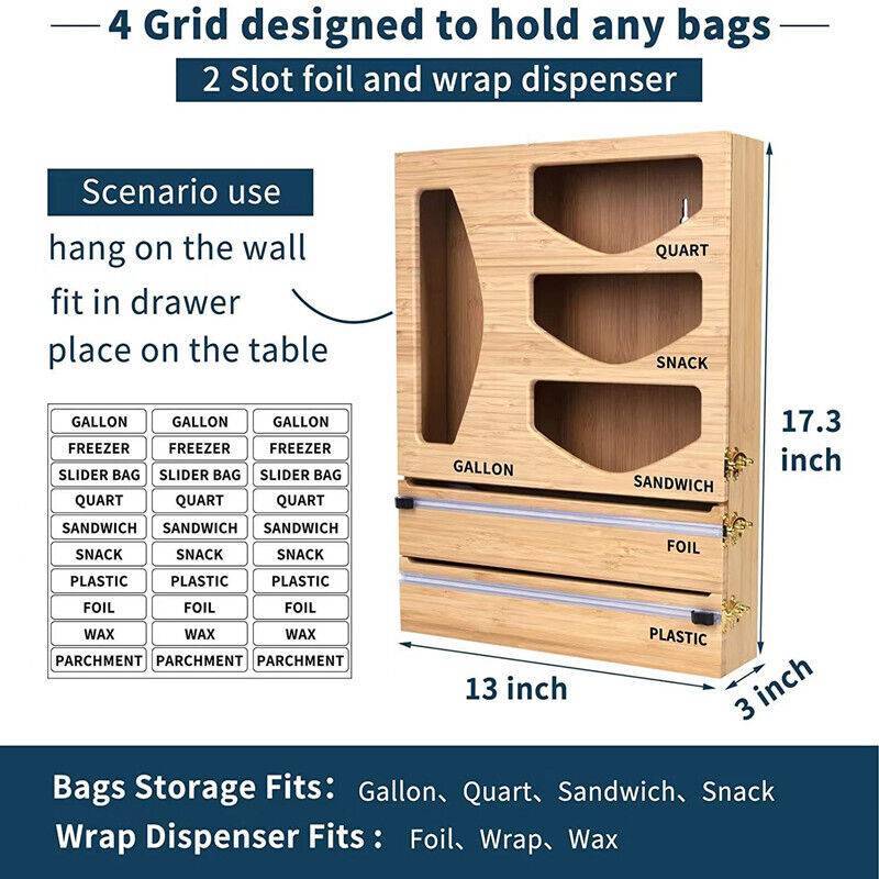 Foil & Plastic Wrap Dispenser With Cutter Foil Cling Film Ziplock Bag Organizer