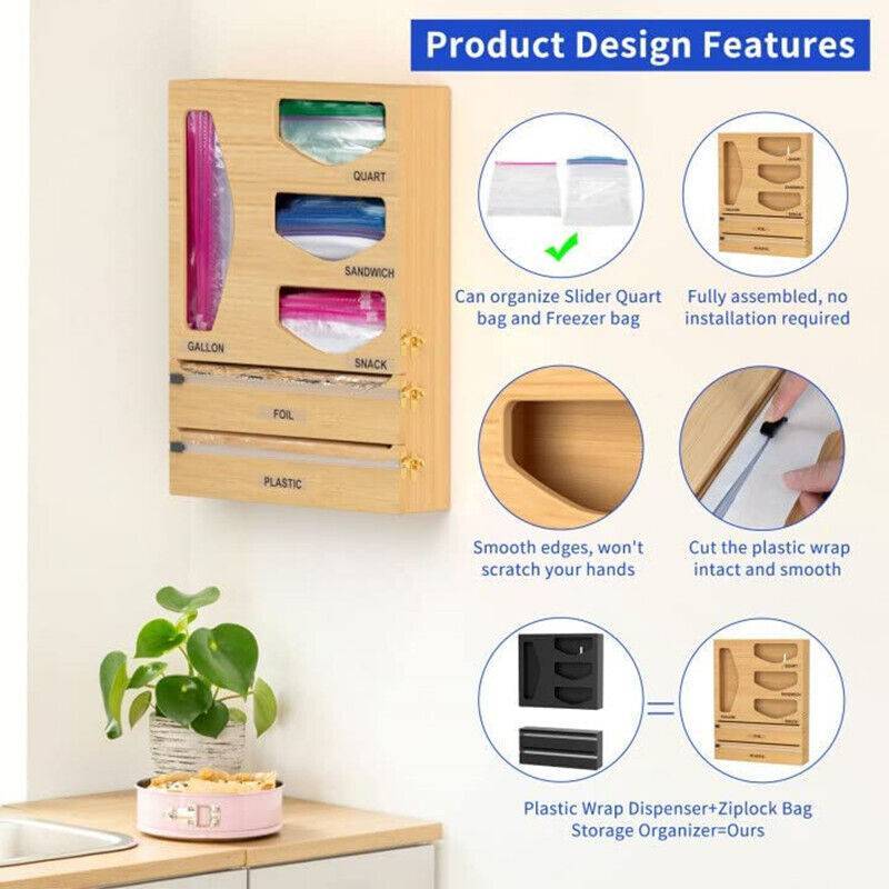 Foil & Plastic Wrap Dispenser With Cutter Foil Cling Film Ziplock Bag Organizer